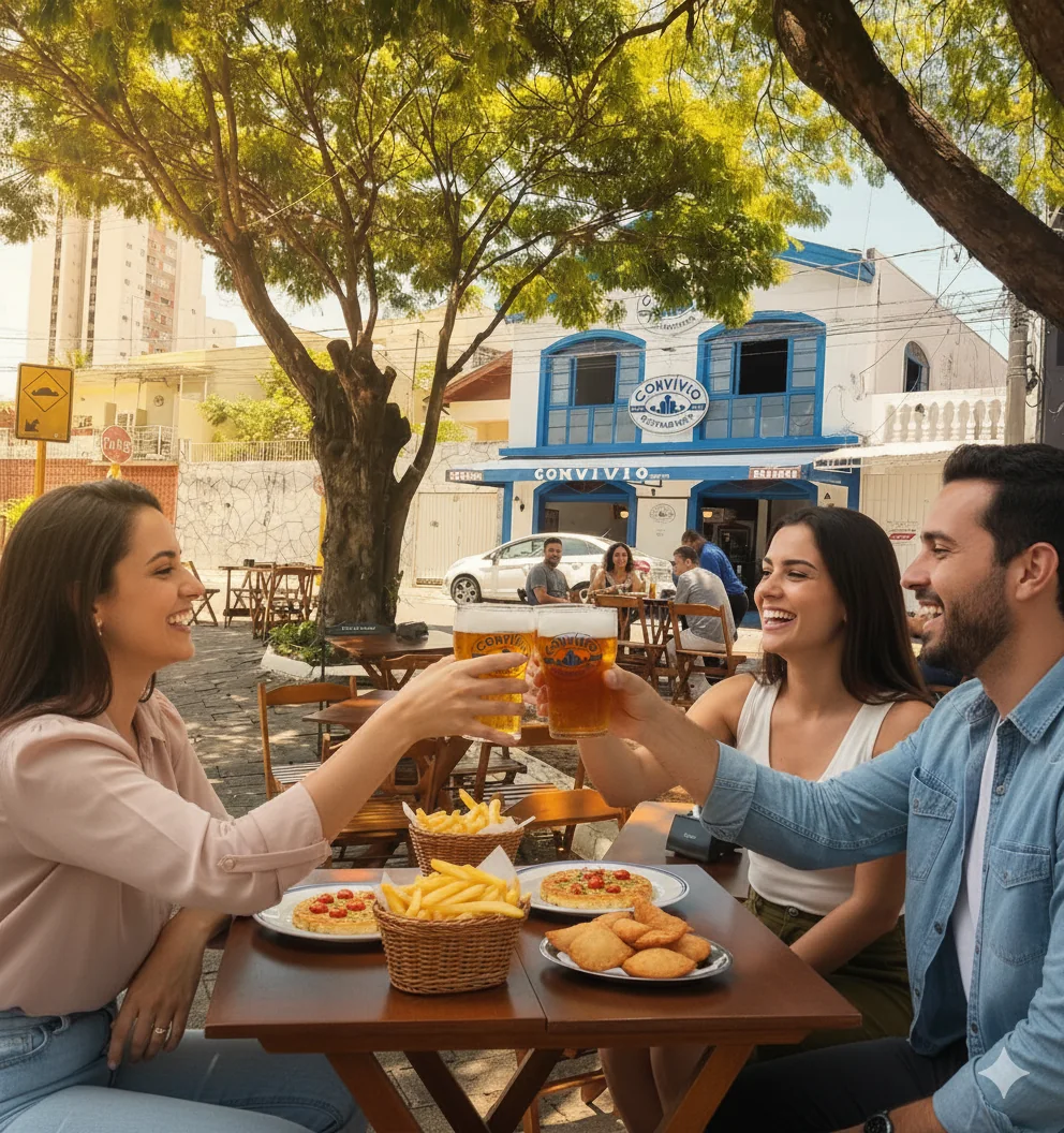 Amigos brindando numa mesa sob a árvore, com o Convívio ao fundo