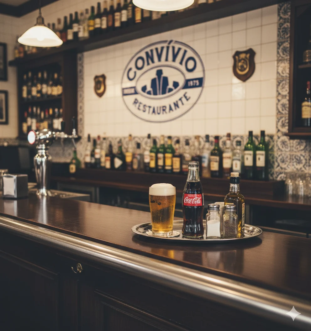 Balcão do bar com o logo do Convívio na parede de azulejos