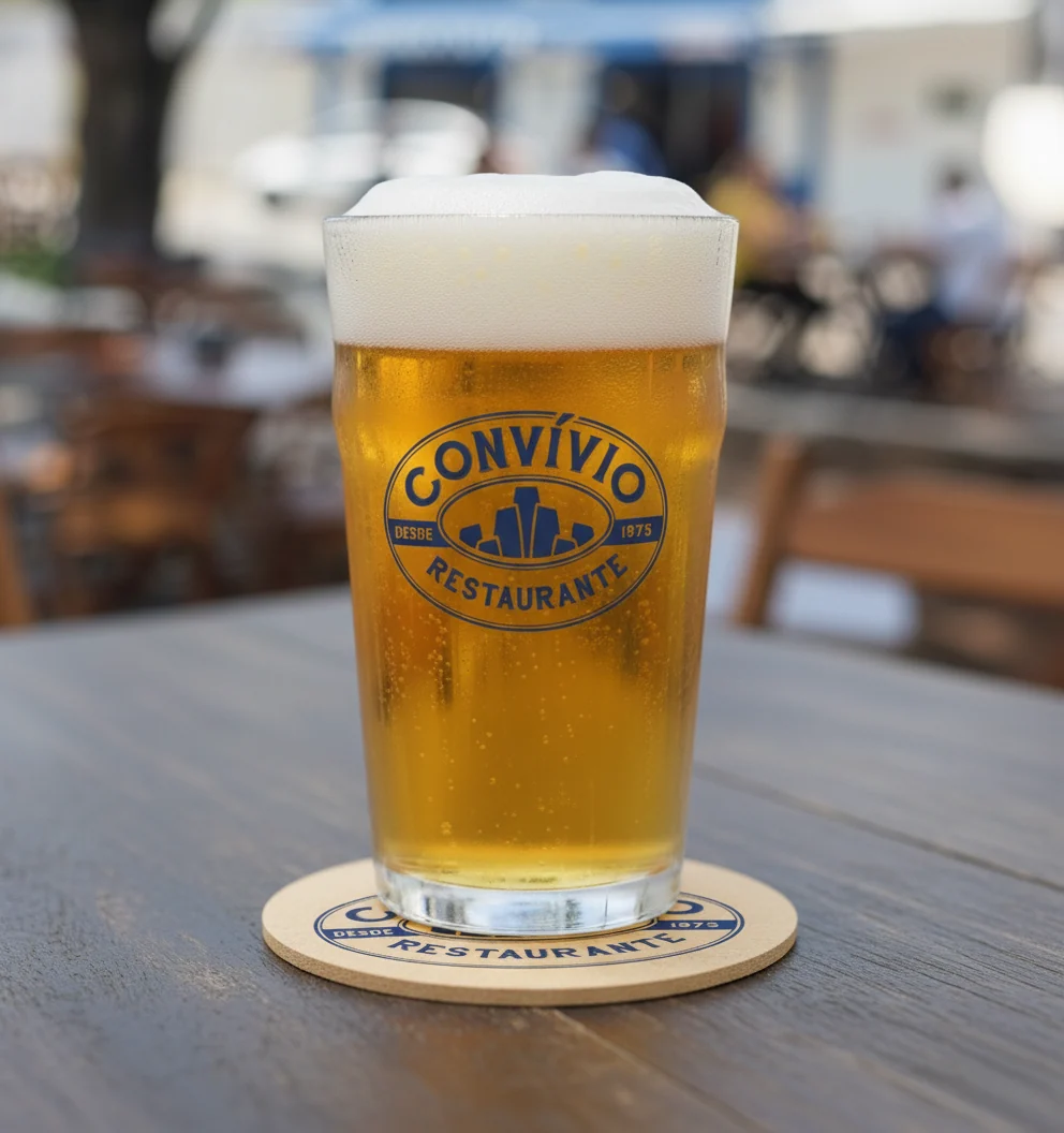 Copo de chopp com o logo do Convívio sobre a bolacha