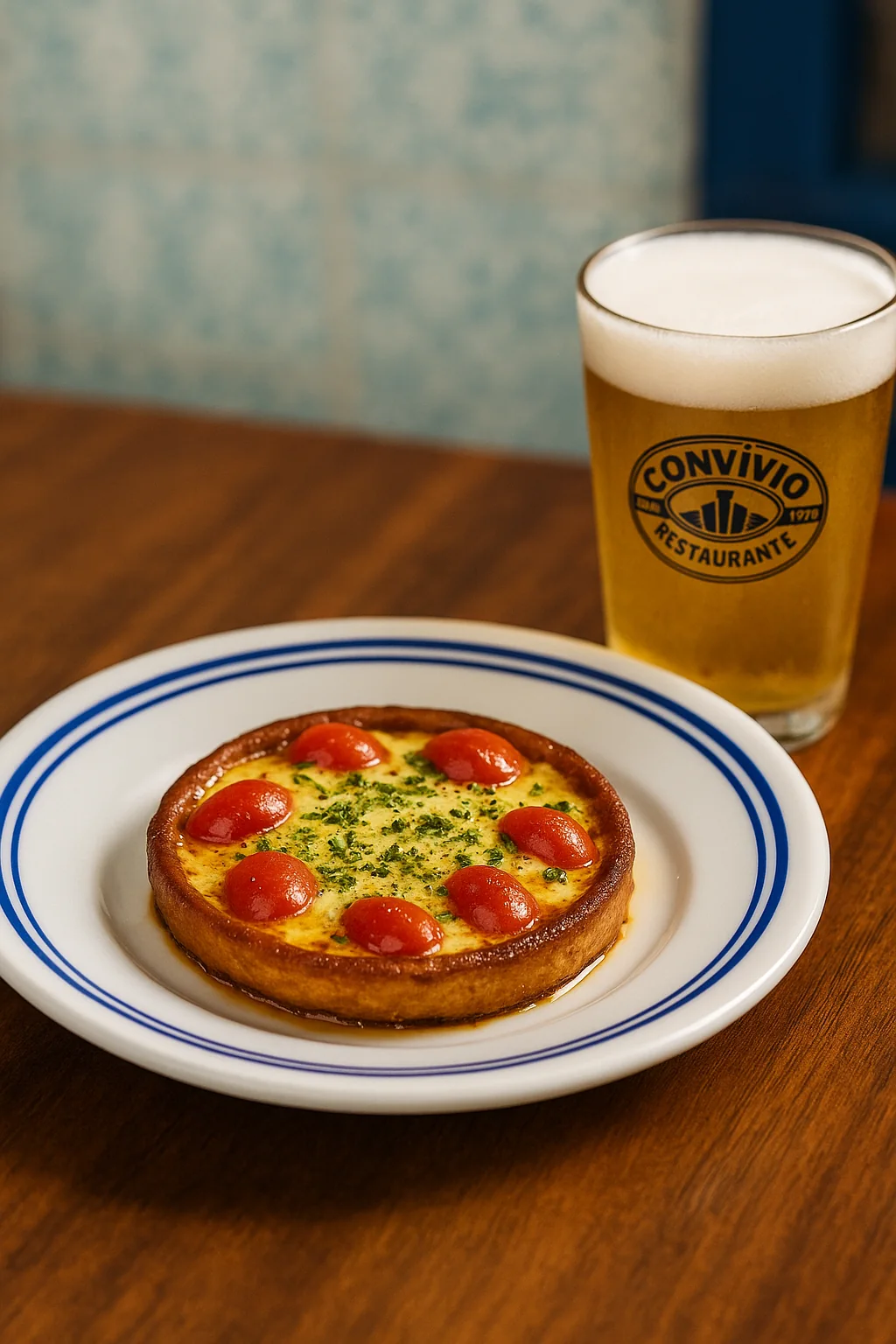 Copo de chopp com o logo do Convívio ao lado de uma porção