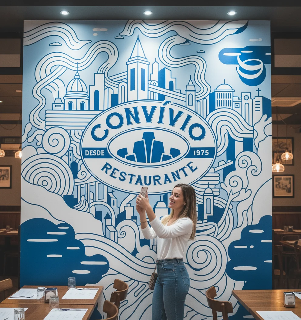 Cliente fotografando o painel instagramável do Convívio