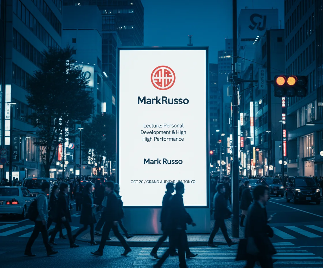 Painel de rua anunciando uma palestra de Mark Russo