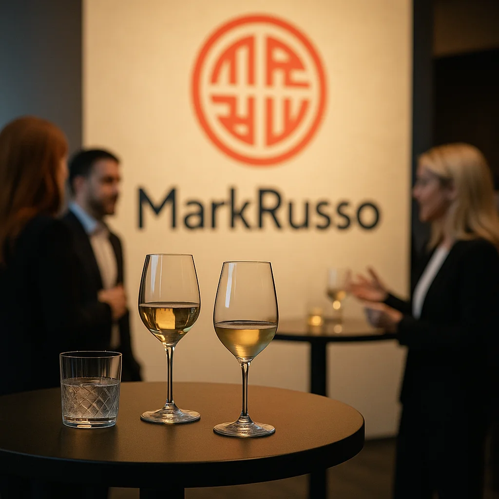 Parede com o logo de Mark Russo num evento