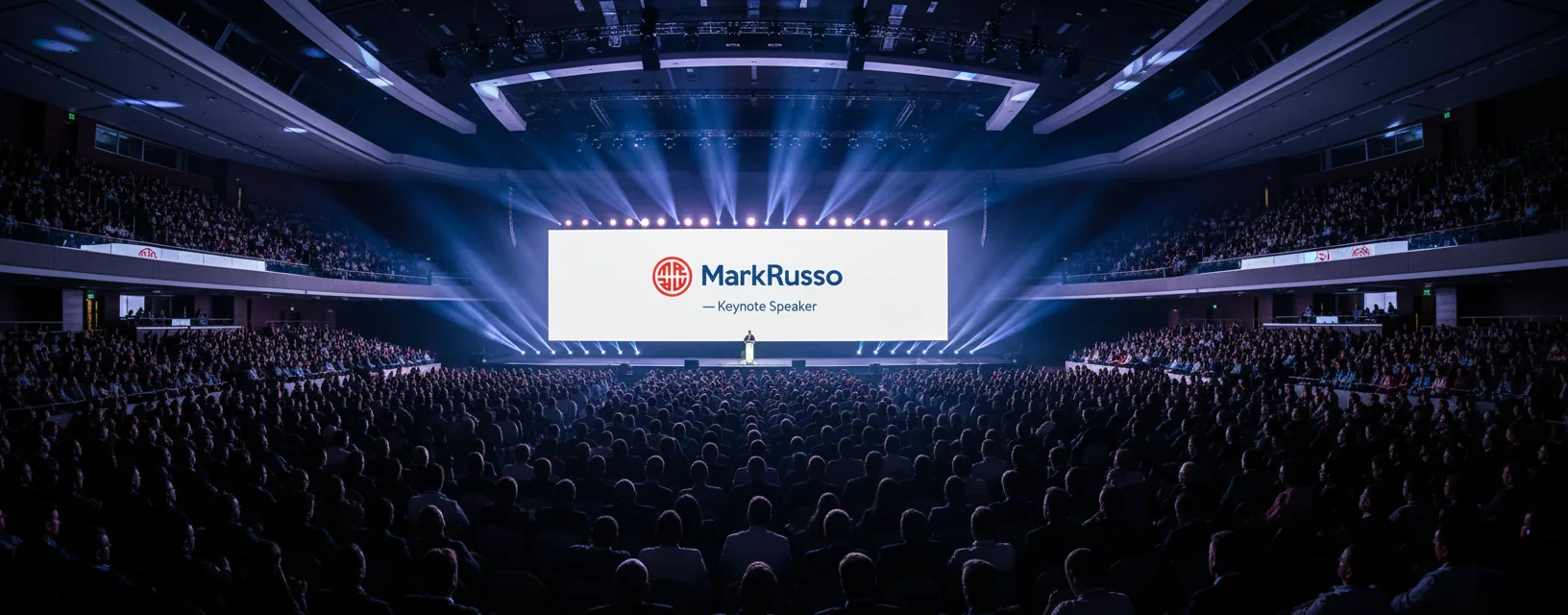 Arena lotada com o logo de Mark Russo no telão