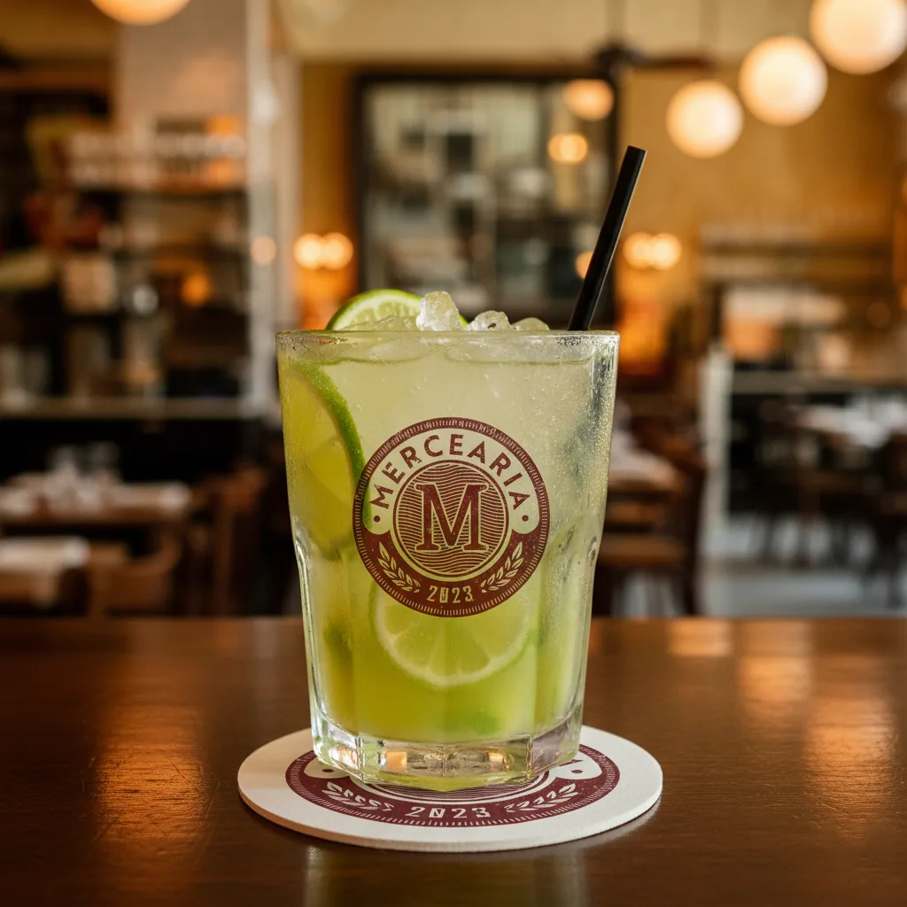 Caipirinha em copo com o selo da Mercearia