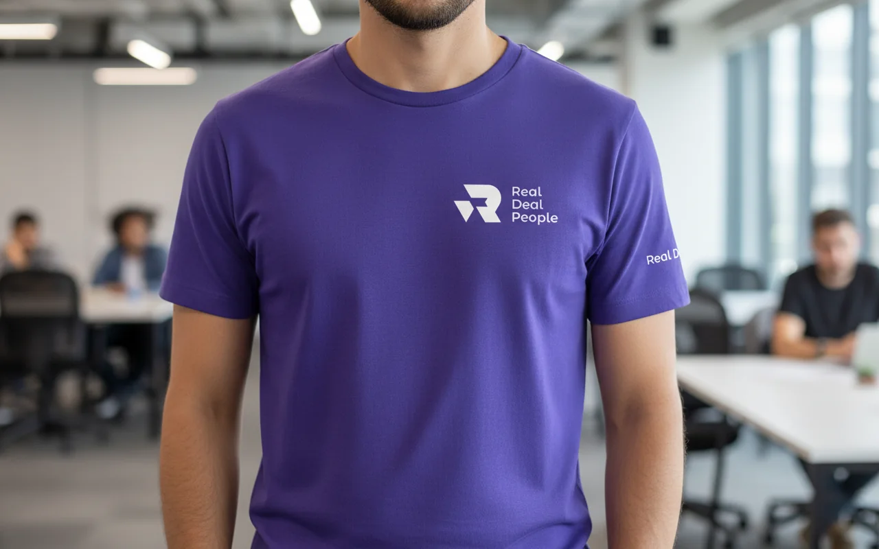 Camiseta violeta com o logo da Real Deal People