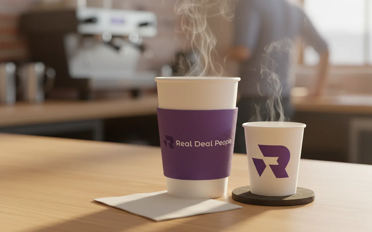 Copos de café com a marca Real Deal People