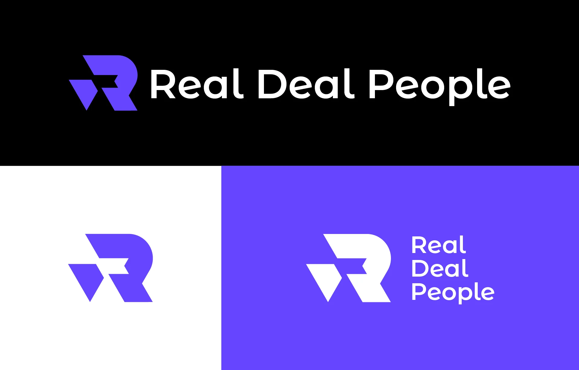 Logo da Real Deal People nas versões em fundo preto, branco e violeta