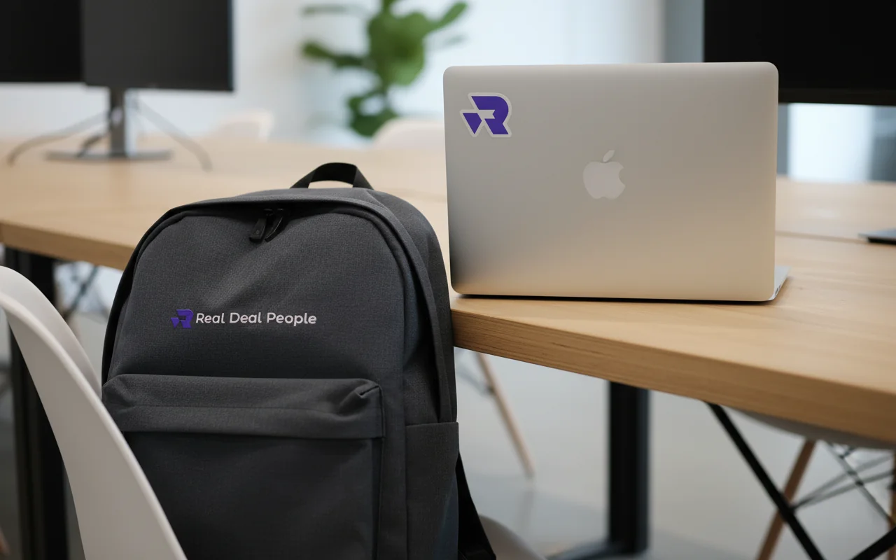Mochila preta com o logo da Real Deal People