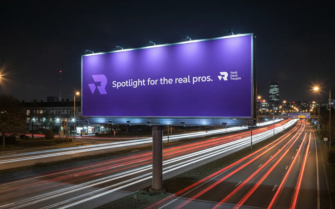 Outdoor iluminado da Real Deal People à noite