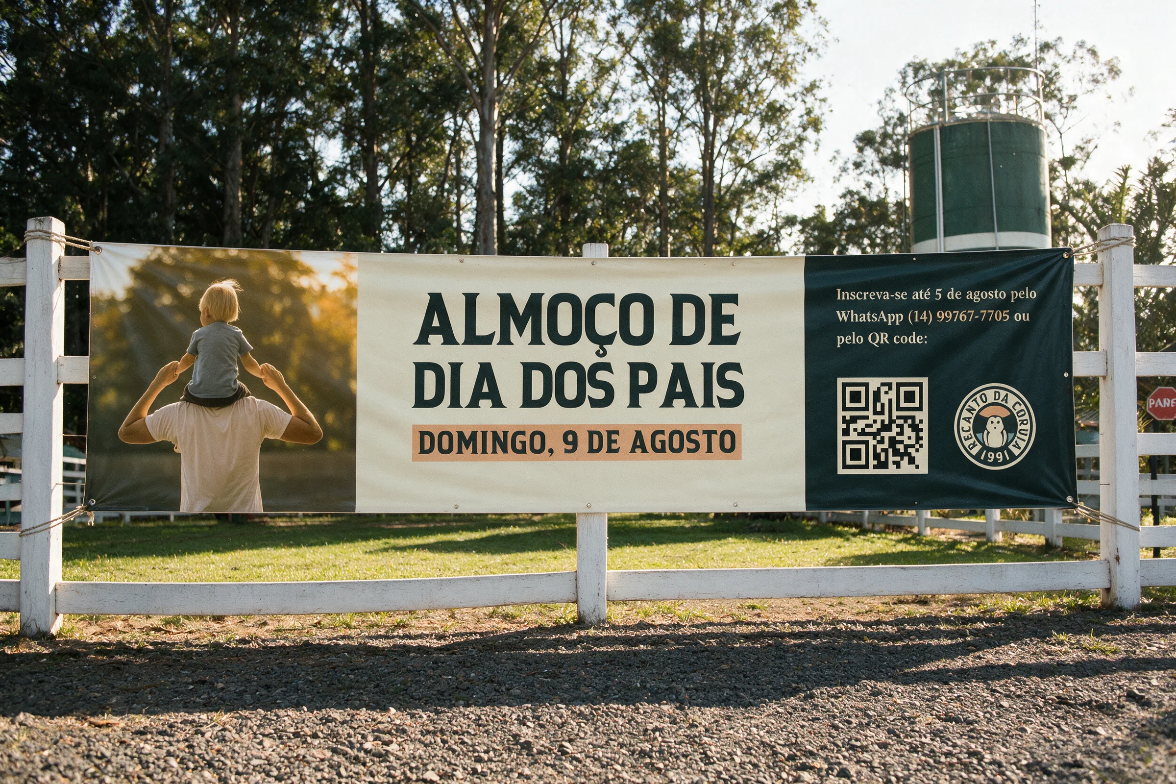 Faixa do almoço de Dia dos Pais presa na cerca branca do clube