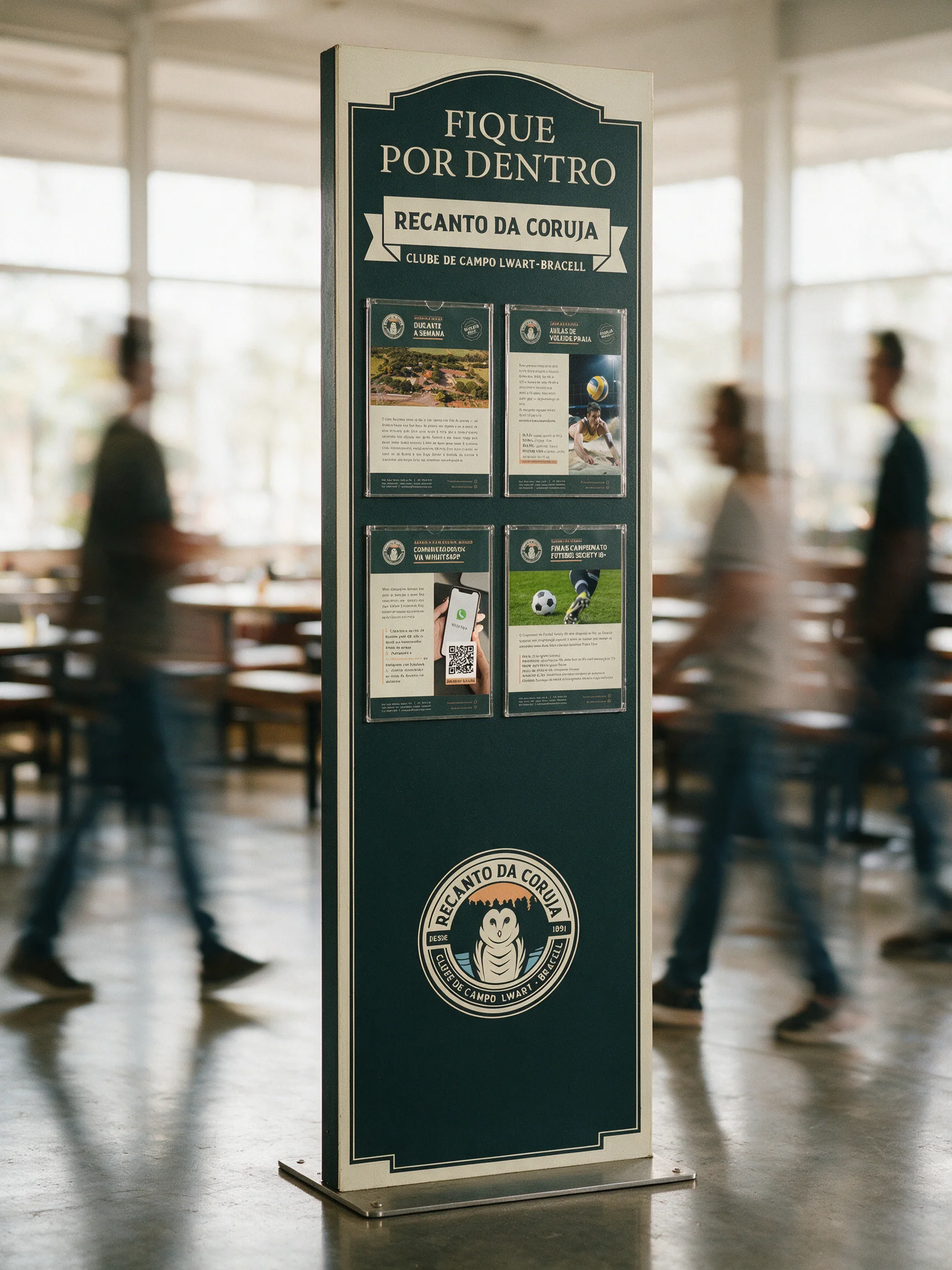 Totem Fique por Dentro, com cartazes do clube, num refeitório de fábrica
