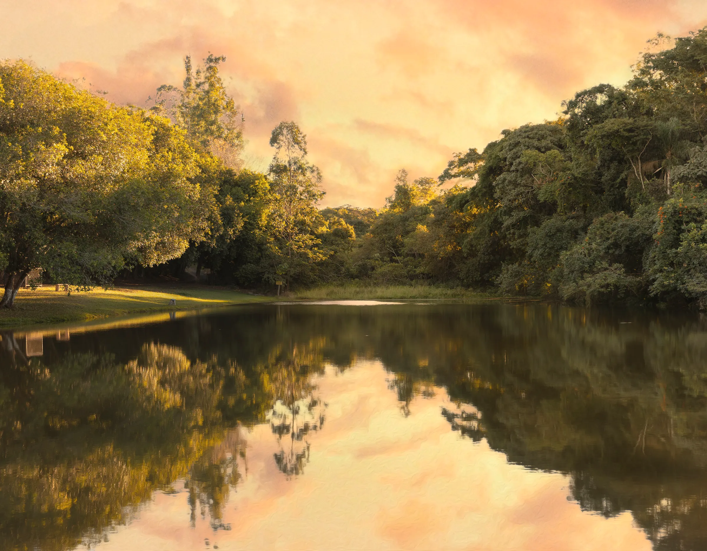 Lagoa do clube ao entardecer, com a mata refletida na água