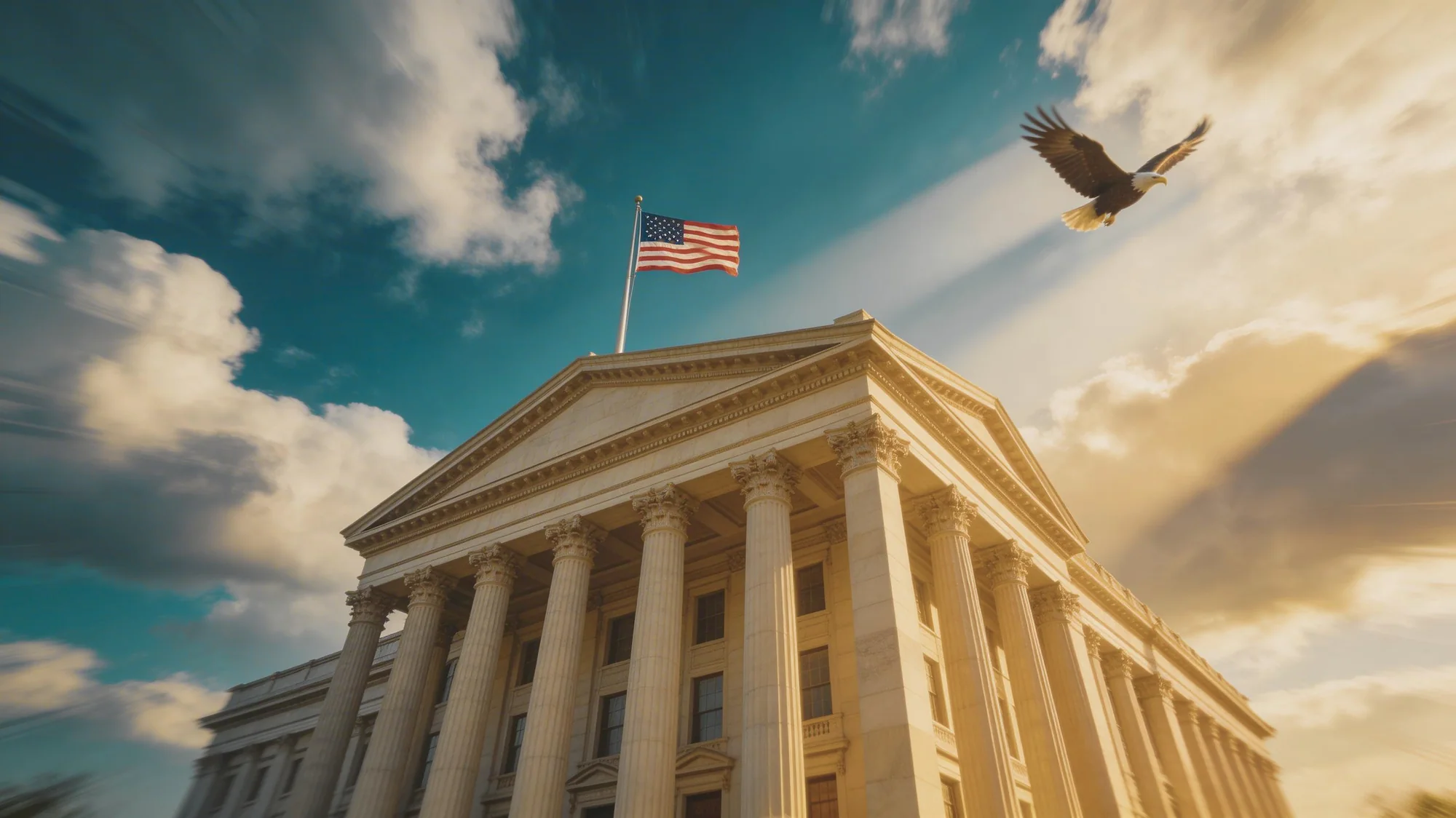 Fachada de tribunal com colunas clássicas, bandeira americana e uma águia no céu